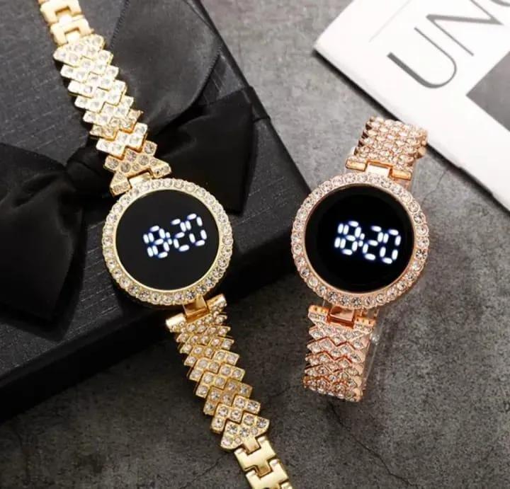 Stainless Steel Digital Watch for Women Peach Golden Textured Strap