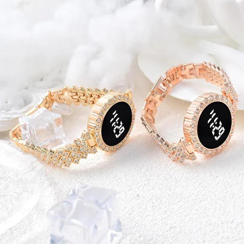 Stainless Steel Digital Watch for Women Peach Golden Textured Strap