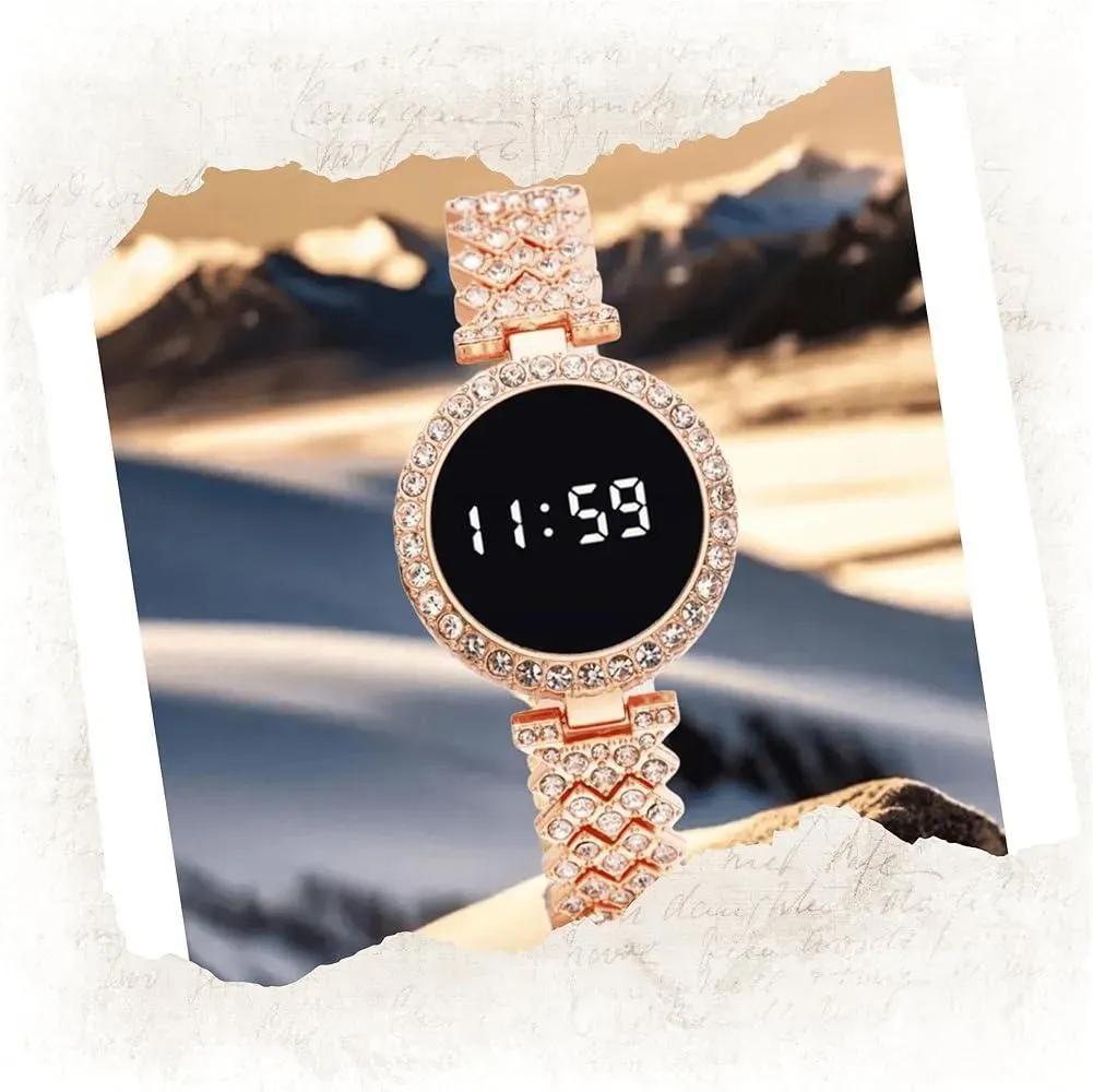Stainless Steel Digital Watch for Women Peach Golden Textured Strap