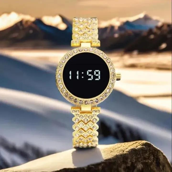 Stainless Steel Digital Watch for Women Peach Golden Textured Strap