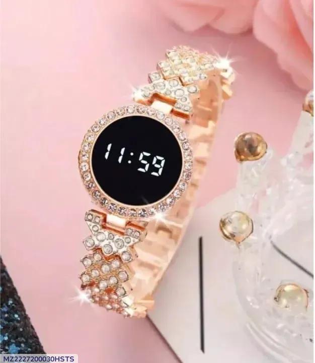 Stainless Steel Digital Watch for Women Peach Golden Textured Strap