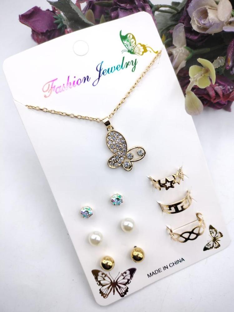 Golden Butterfly Necklace with Earrings & Rings Set