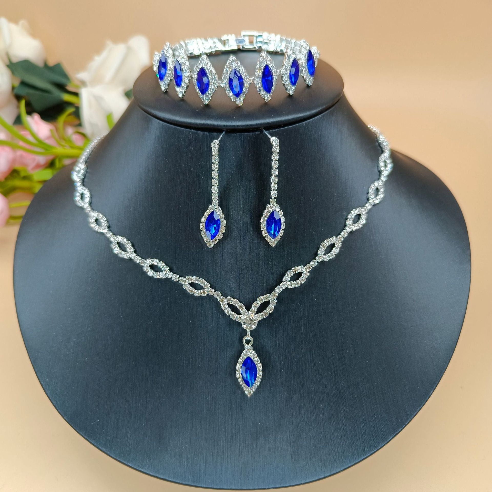 Blue Diamond Bridal Necklace & Earrings Set